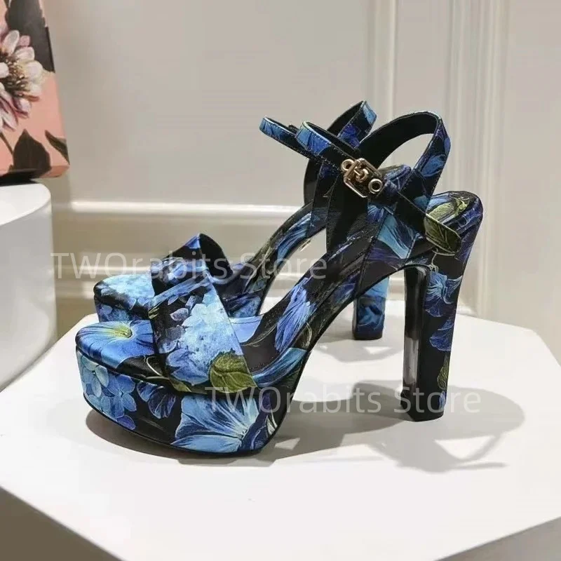 

Blue Vintage Platform Chunky Heel Printed Sandals Summer New Thick Sole Women Dress Shoes Open Toe Ankle Buckle Super High Heel