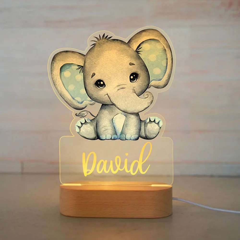 Imagem -03 - Personalizado Bebê Elefante Leão Led Night Light Nome Personalizado Lâmpada Acrílica para Crianças Quarto das Crianças Decoração do Lar Usb Cores