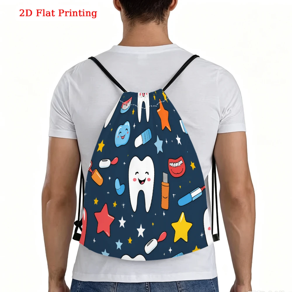 Cute Cartoon Style, Drawstring Backpack, 2D Flat Printing Funny Teeth Pattern, Gym Sports Bag, Outdoor Travel Cinch Sack
