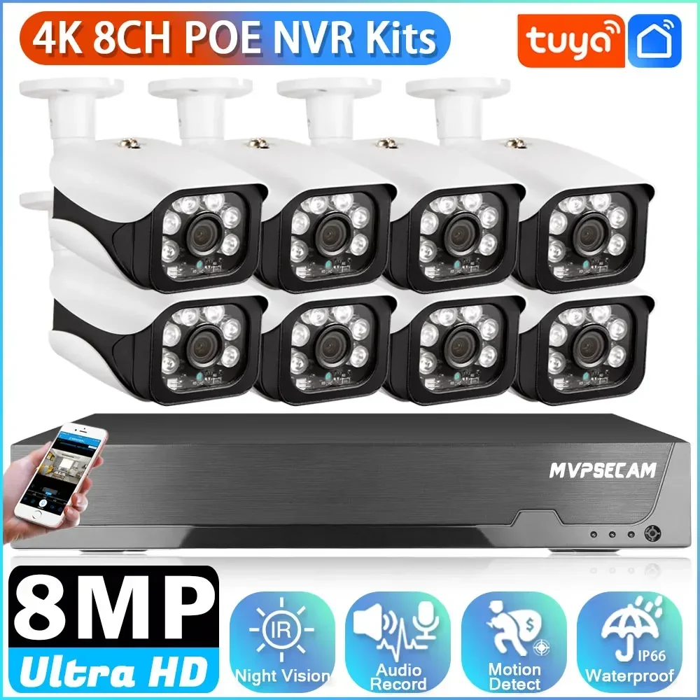 

4K 8MP POE Surveillance Cameras Kit With 8CH Poe NVR Tuya app Outdoor HD Video Security CCTV IPTV System Smart Home Multi users