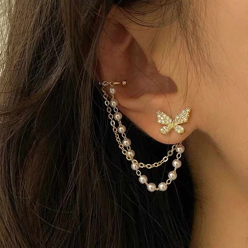 Korean Elegant Rhinestone Butterfly Stud Earrings For Women Girls Cute Fashion Metal Cuff Chain Tassel Boucle D\'oreille Jewelry