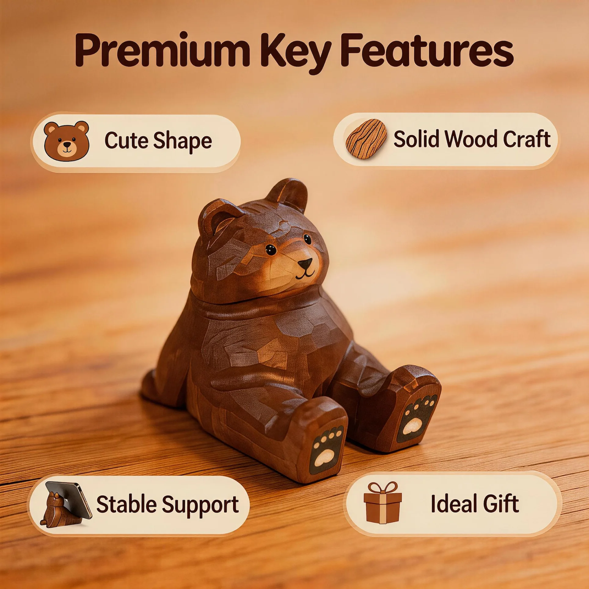 Desk Setup Wood - Simpatico Orso Bruno Intagliato a Mano
