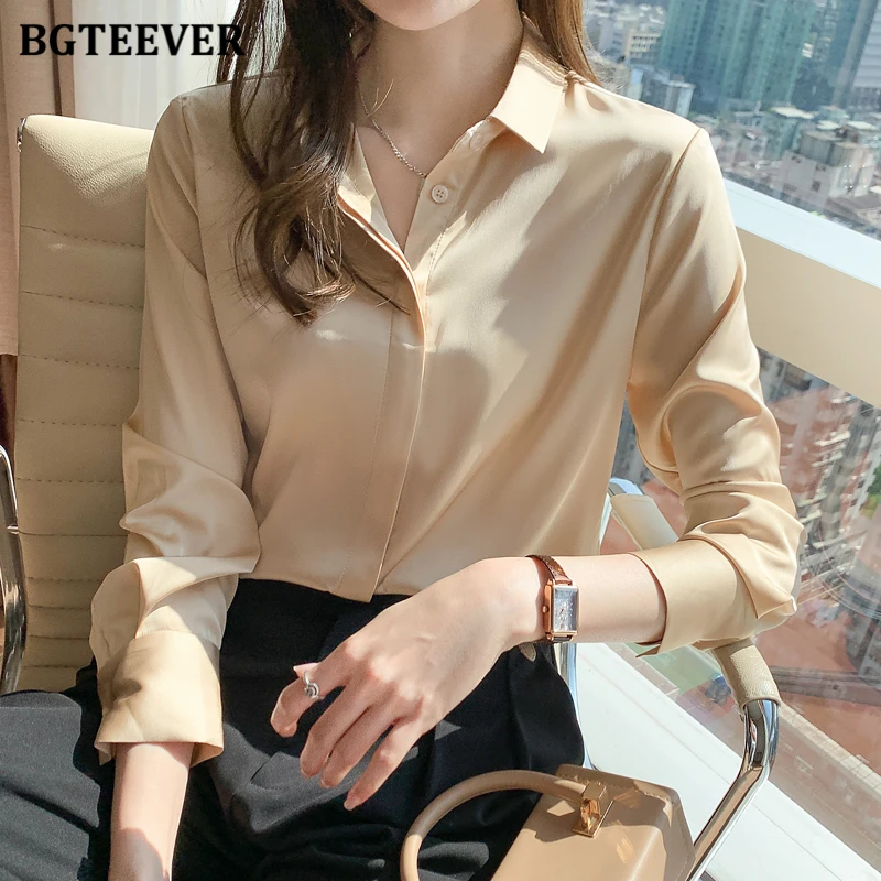

BGTEEVER Stylish Loose Female Single-breasted Satin Blouses Tops Spring Fashion Long Sleeve Women Pullovers Shirts Ladies Blusas
