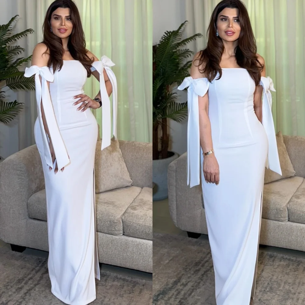 

Customized High Quality White Jersey Evening Dress Elegant Strapless Homecoming Dresses High Quality Bow Vestido De Festa