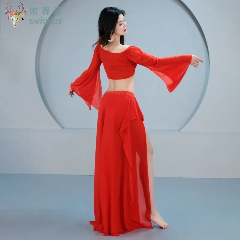 مجموعة أزياء ممارسة الرقص الشرقي للنساء بأكمام طويلة شبكية + تنورة طويلة من الشاش مجموعة ملابس الرقص الشرقي الشرقي #5