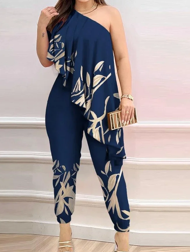 Sexy Womens Jumpsuits Fashion One Shoulder Asymmetrical Ruffles Elegant Party Sleeveless Ruffles Casual Long Jumpsuit Summer New