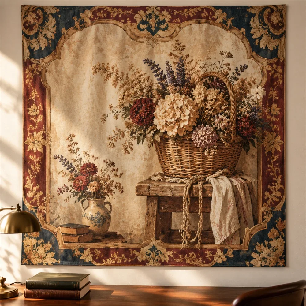 VIKAMA European Rattan Dried Flowers Tapestry Wall Hanging, European Wall Art Tapestries for Living Room Bedroom Kids Room Study