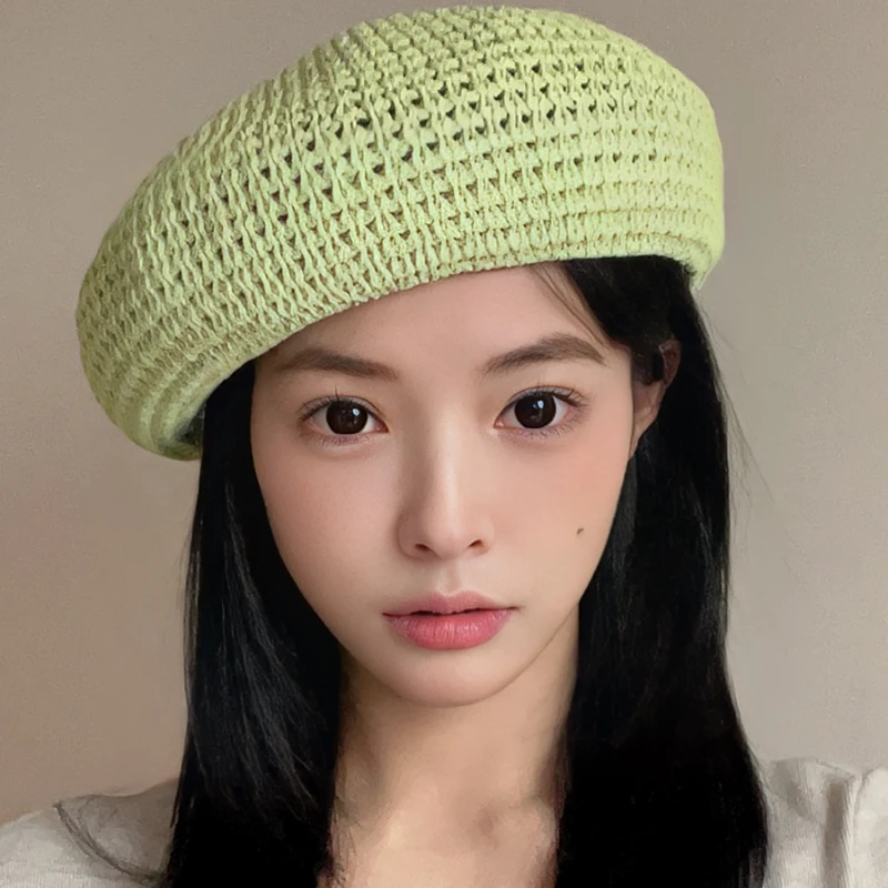 Y2k Sweet Girl Summer Green Straw Openwork Beret Solid Color  Simple Dome Painter Hat  Berets Caps for Women