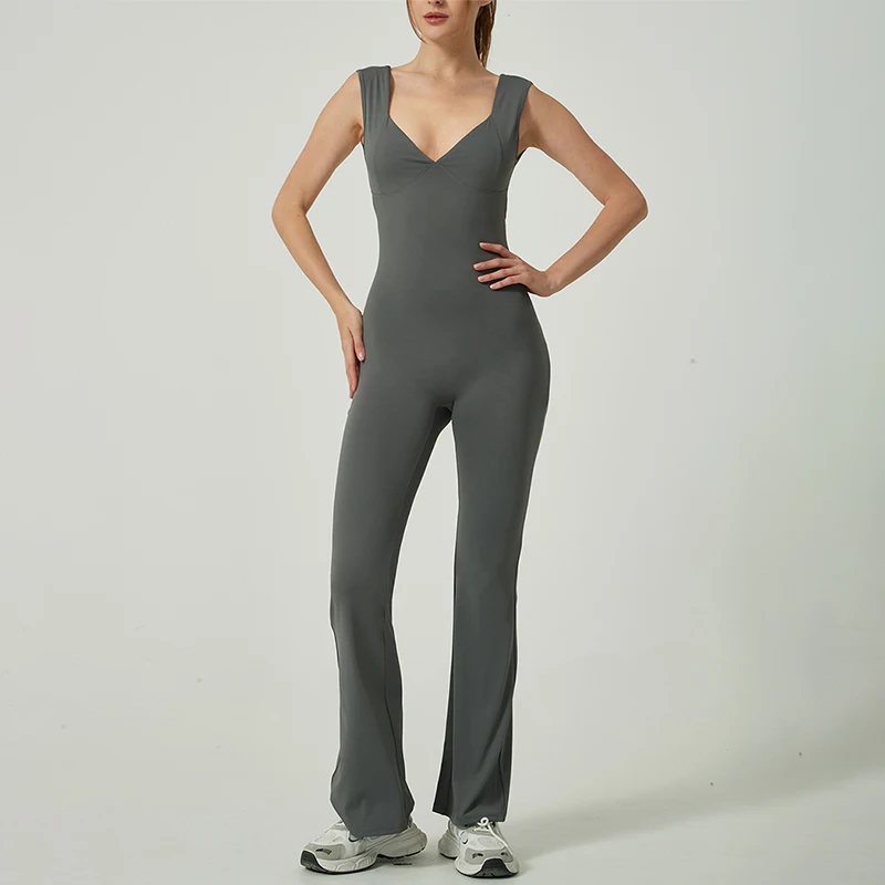 Modischer V-Ausschnitt Yoga-Jumpsuit für Damen, Frühjahrskollektion mit Tasche, Rückenfreier Formgebender Bodysuit, Einteiliger Gym-Overall mit Schlaghose, Sportbekleidung