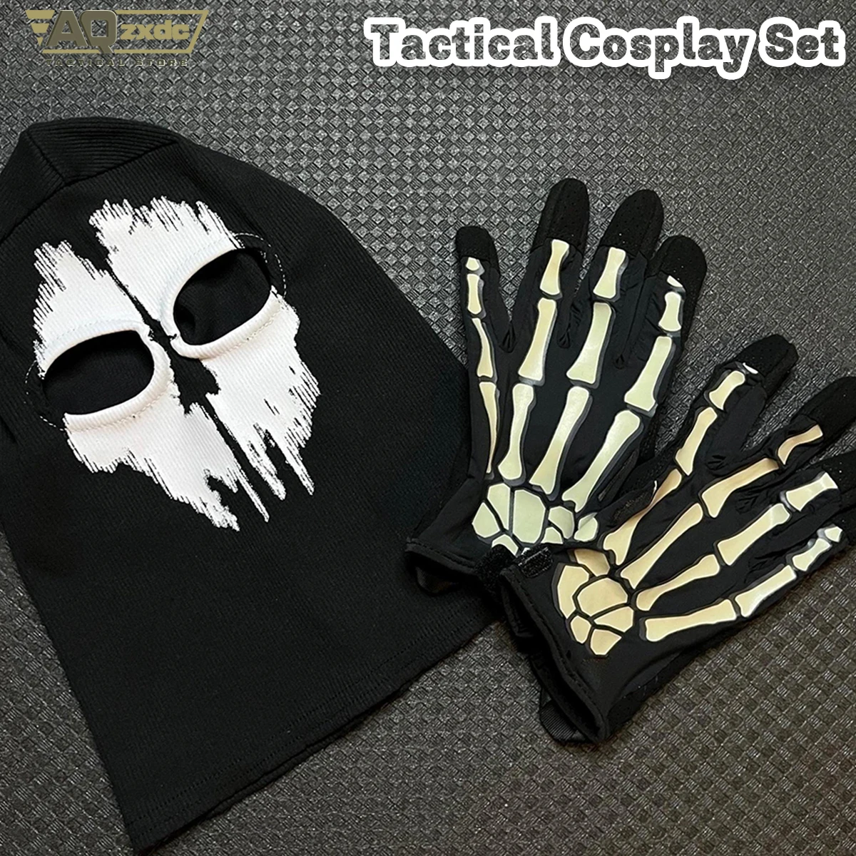 Pasamontañas táctico calavera con guantes luminosos Halloween