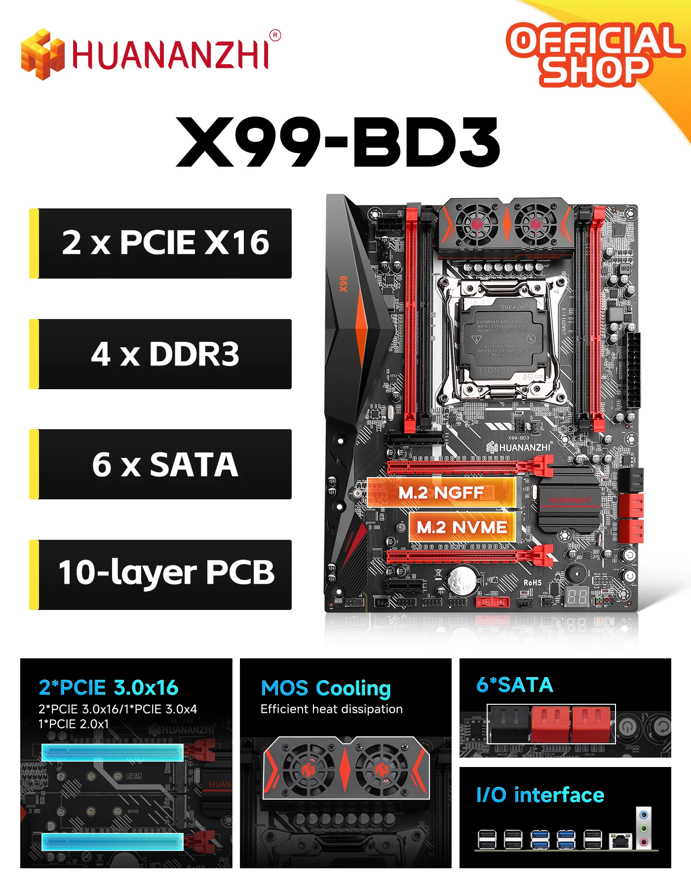 

Материнская плата X99-BD3 LGA2011-3, 4 слота DDR3, 128 ГБ ОЗУ, PCIE 3.0, NVME, SATA3.0
