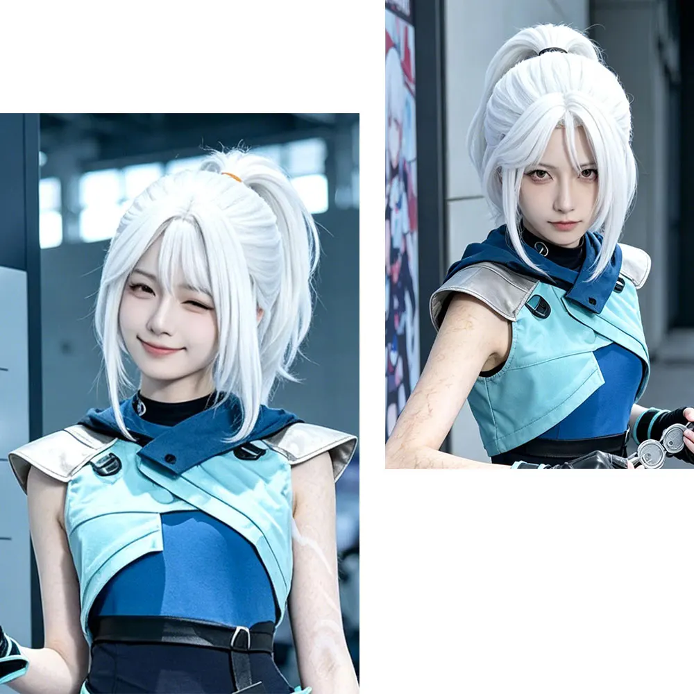 Jett Cosplay Wig HSIU 40cm White Short Hair Heat Resistant Synthetic Wig + Wig Cap Game VALORANT Jett Cosplay view 2