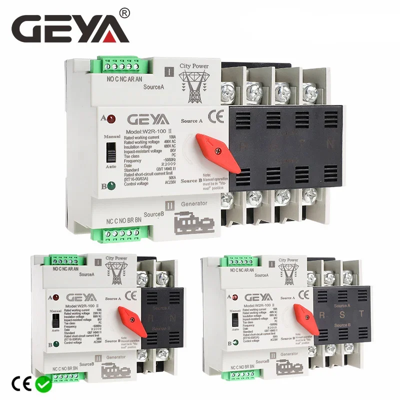  GEYA W2R ATS 110V 220V PC Dual Power Automatic Transfer Switch 63A 100A Household Power Transfer Switch 50/60Hz 