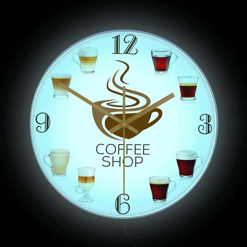 

Espressos Cup Coffee Menu LED Neon Sign Wall Clock For Kitchen Dinning Room Coffee Shop Decor Latte Cafe Types Print Wall Clock