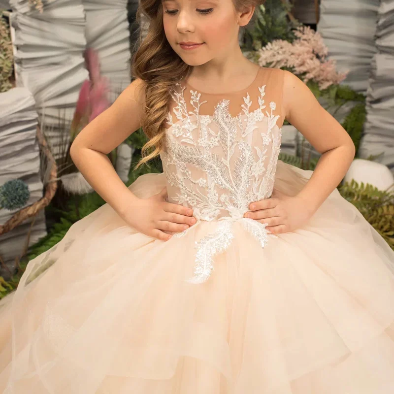 Customized Champagne Flower Girl Dresses For Wedding Floor Length Appliques Elegant Princess Birthday Party First Communion Gown