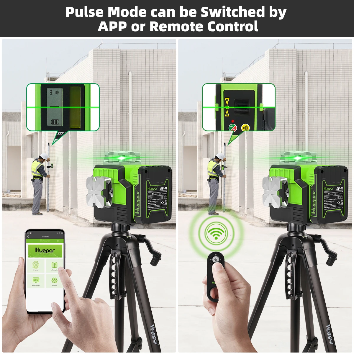 Huepar 12라인 3D 그린 레이저 레벨, 리모컨, 블루투스, 수신기/삼각대, 자동 레벨링 및 마그네틱 베이스, 건설용 P03