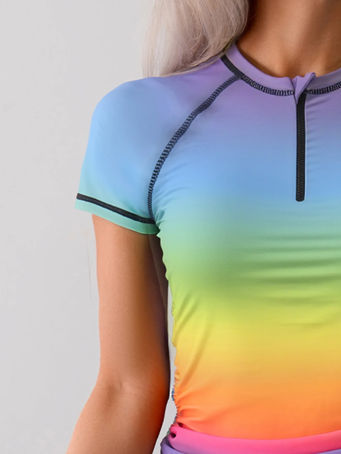 Damenmode, Farbverlaufsdruck, Reißverschluss, Bauchkontrolle, kurzärmelig, Tankini, 2-teiliges Set, Sommerurlaub, Damen-Bademode, zweiteiliges Set