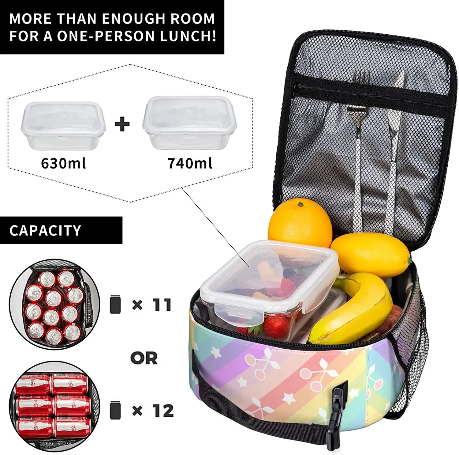 Rainbow Cherry Lunch Bag for Women Kids Insulated Lunch Bag Waterproof Lunch Box Bag Work Shcool Picnic One Size Cute Bag