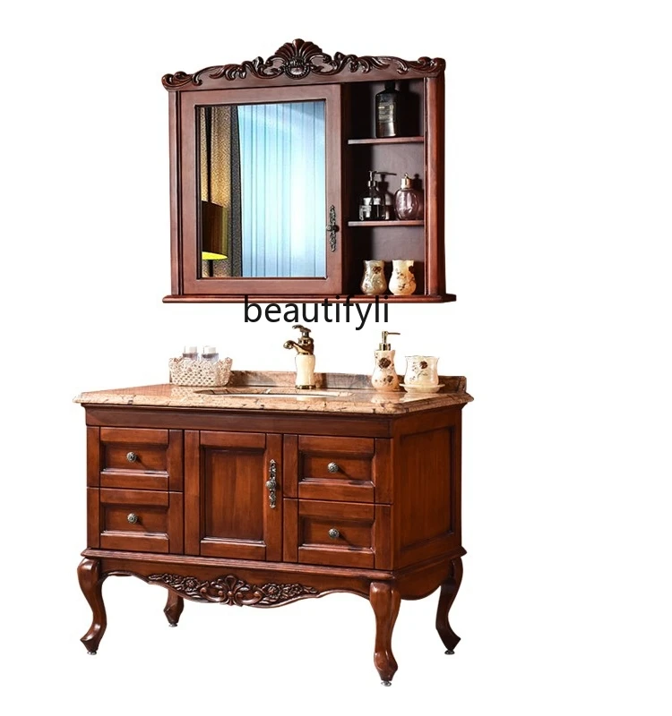 

Simple European-Style Bathroom Cabinet Oak Solid Wood Floor-Standing Bathroom Cabinet Table Face Washing Wash Basin Marble