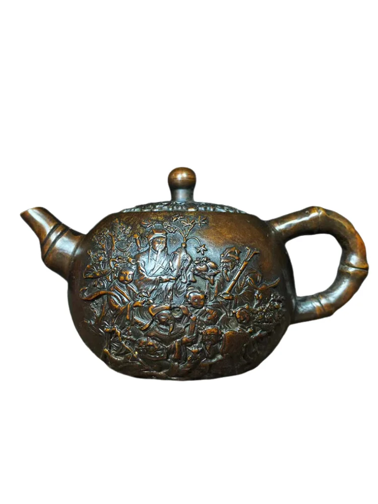 Solid Copper Teapot Figurine Oriental Eight Immortals Embossed Metal Art Feng Shui & Office Home Desktop Decoration