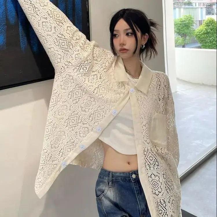 2026 Summer New American Retro Polo Collar Hollow Shirt Loose Versatile Cardigan Top Trendy