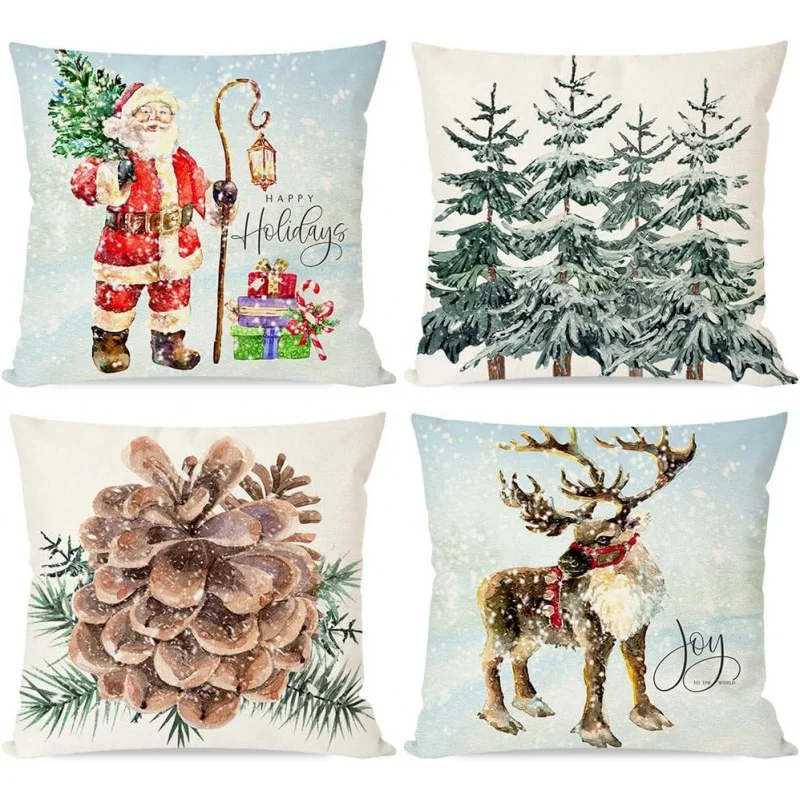 Christmas Tree Forest Santa Reindeer Pine Cone Rustic Throw Pillows Cases Xmas Holiday Decor for Couch Outdoor Porch Set of 4