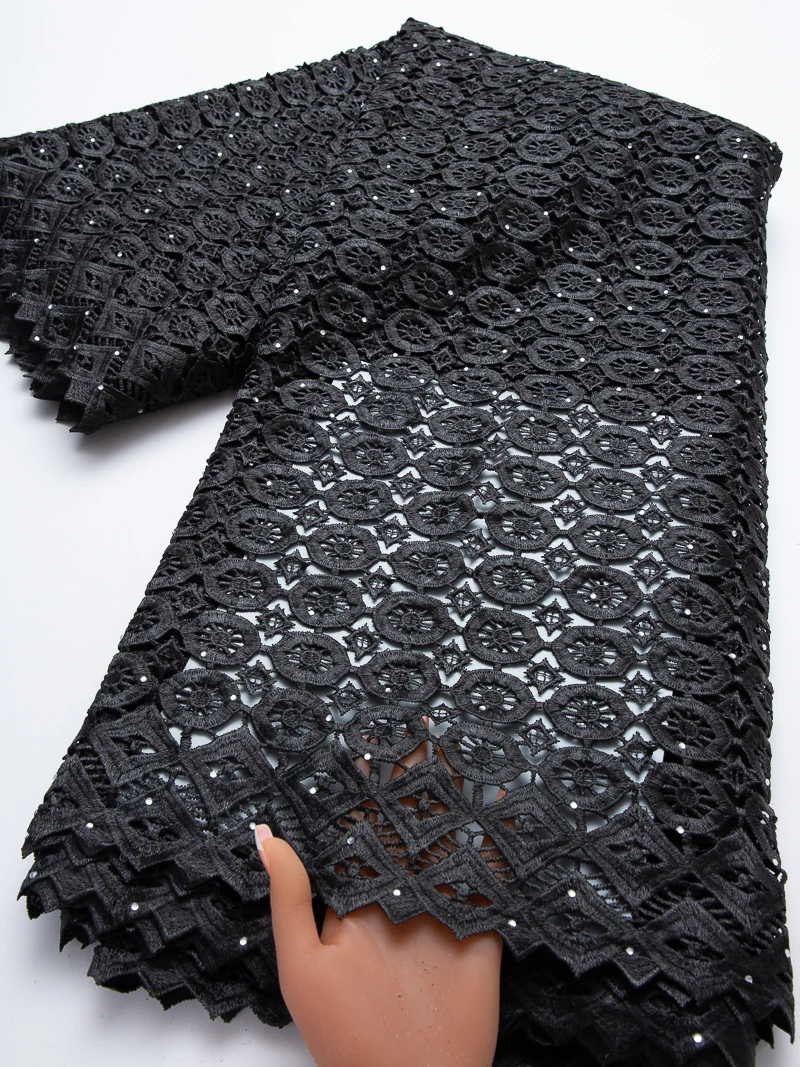Black African Grand Wax Guipure Cord Lace High Quality Nigerian Sequins Water Soluble Lace Fabric For Sew Party Dresses,5yards