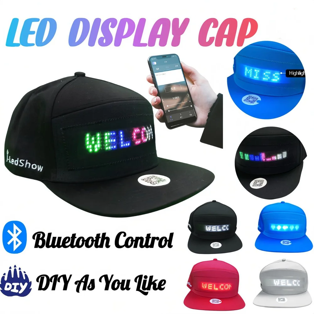 Unisex Baseball Cap USB Rechargeable Bluetooth APP Programmable LED Scrolling Message Display Board Hip Hop Street Snapback Hat