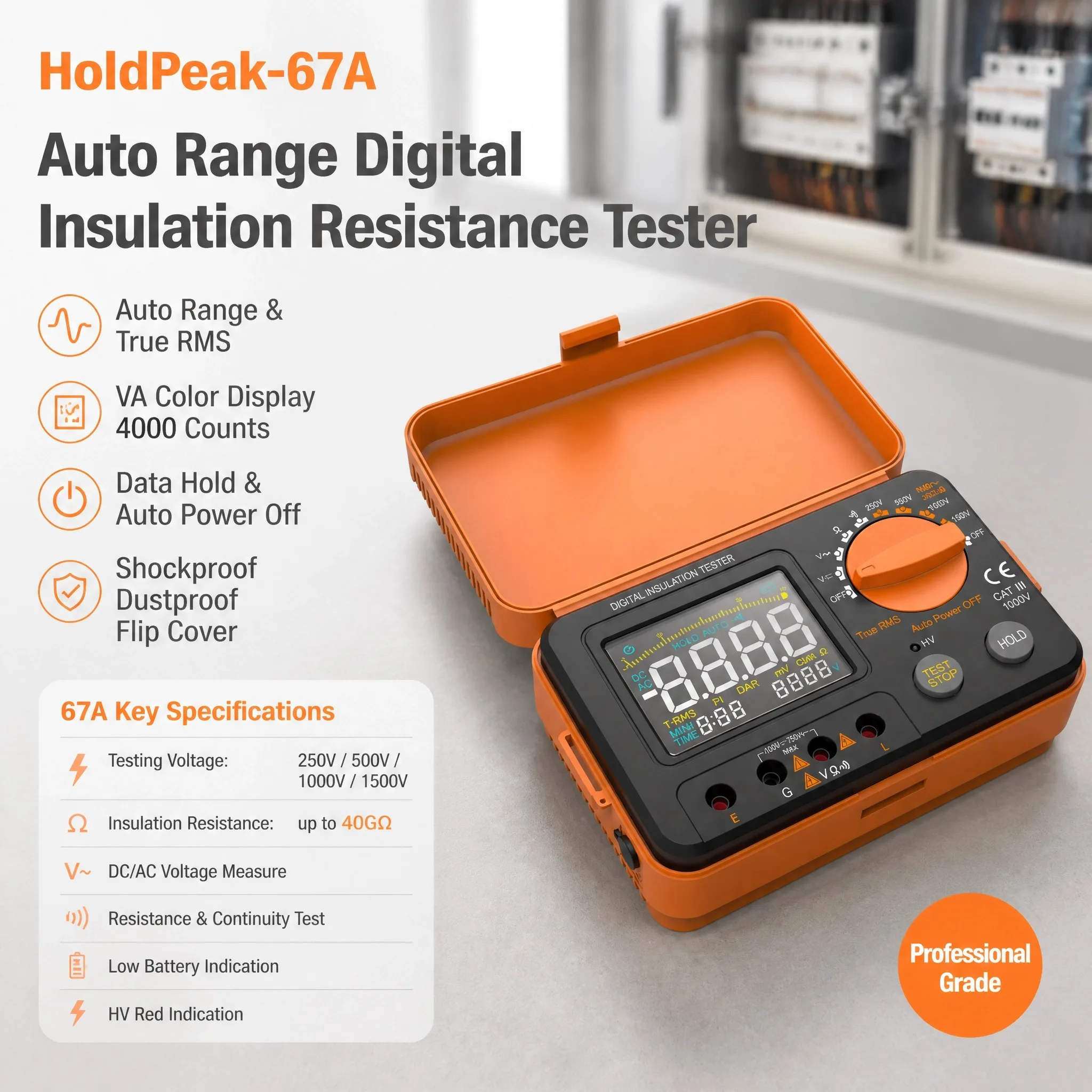 Auto Range Digital Insulation Resistance HoldPeak-67A Tester 250V-1500V AC/DC Voltage Resistance with LCD Display Data Hold
