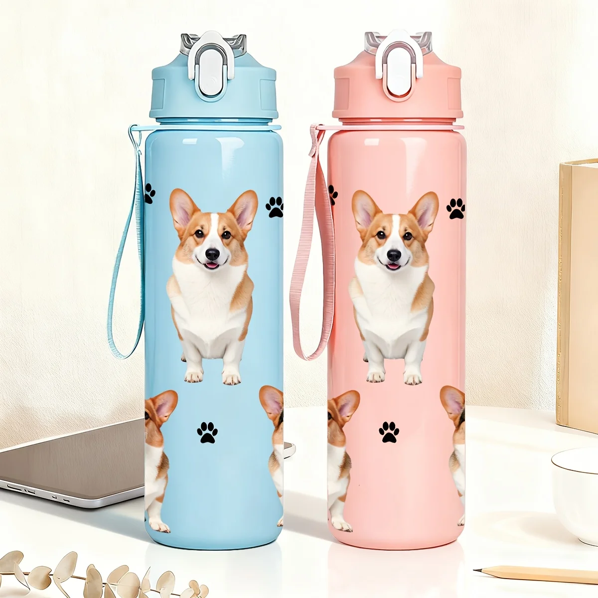 Linda botella de agua con estampado de pata de perro Corgi, 750ml, tapa abatible a prueba de fugas, taza de agua portátil para niños, estudiantes, gimnasio, viajes al aire libre