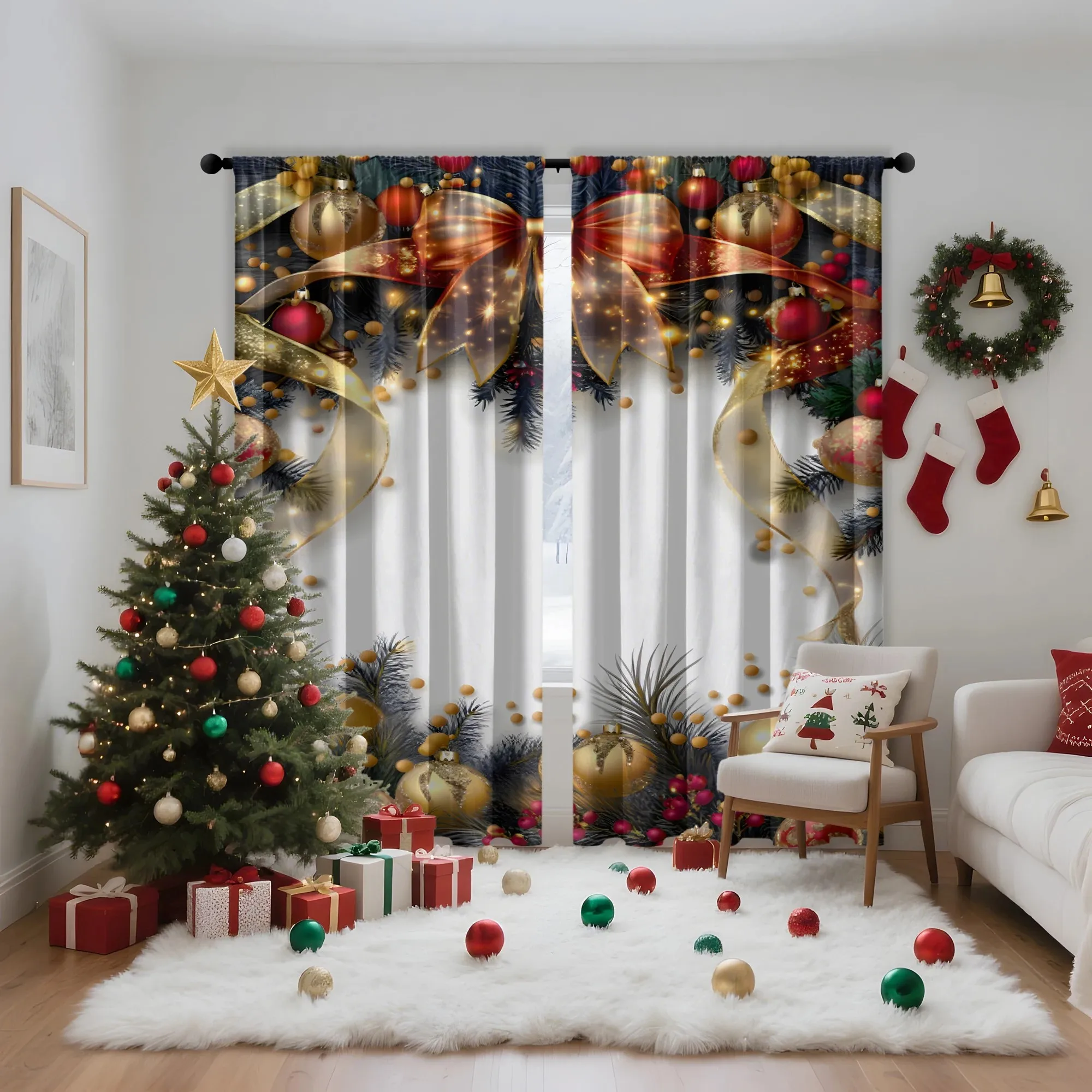 2PCS Digital Print Curtain, Gold Ribbon Bows with Christmas Ornament Balls and Pine Branches on White, for Window Home Decor