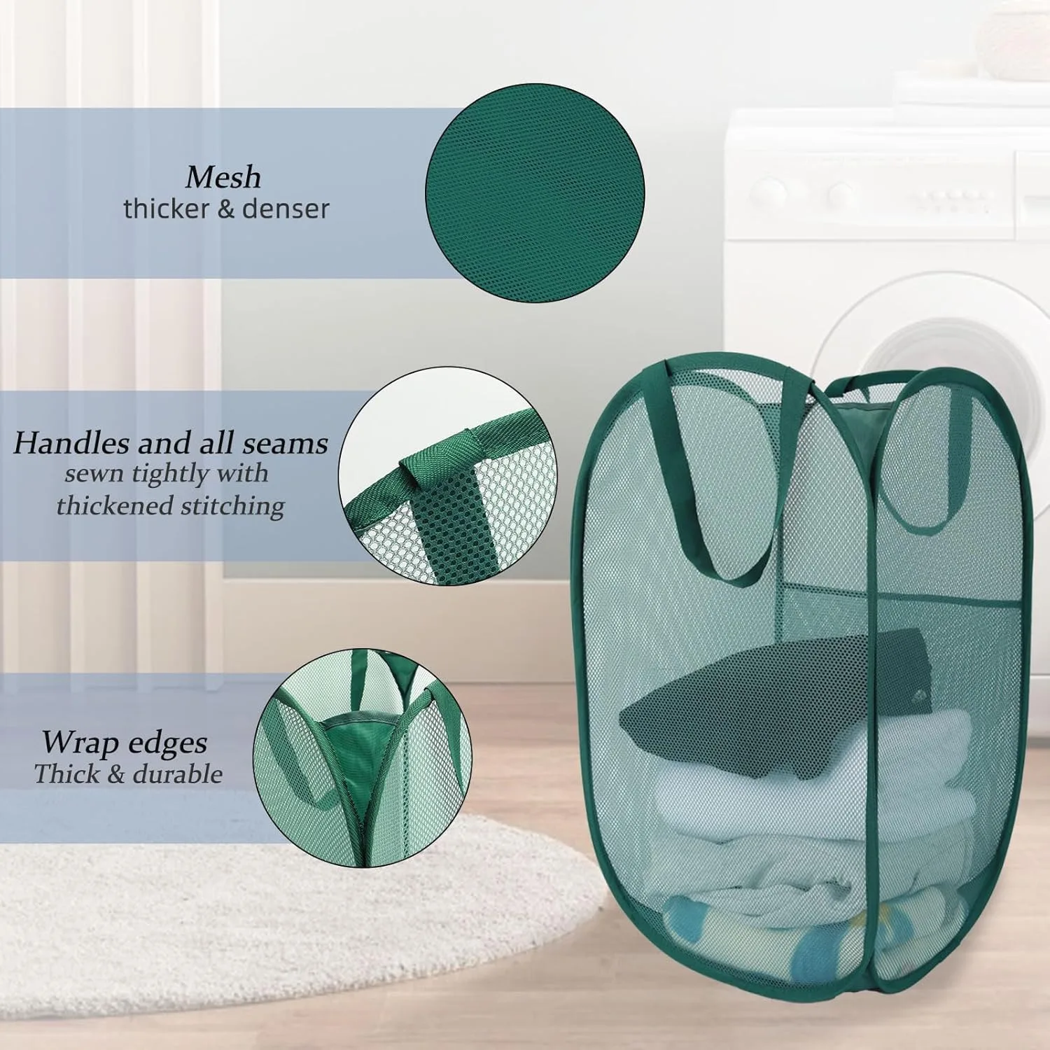 Mesh Folding Laundry Basket with Side Pockets, Ideal for Laundry, Bathroom, Kids Room, Dorm, Travel Use, Space-Saving Design
