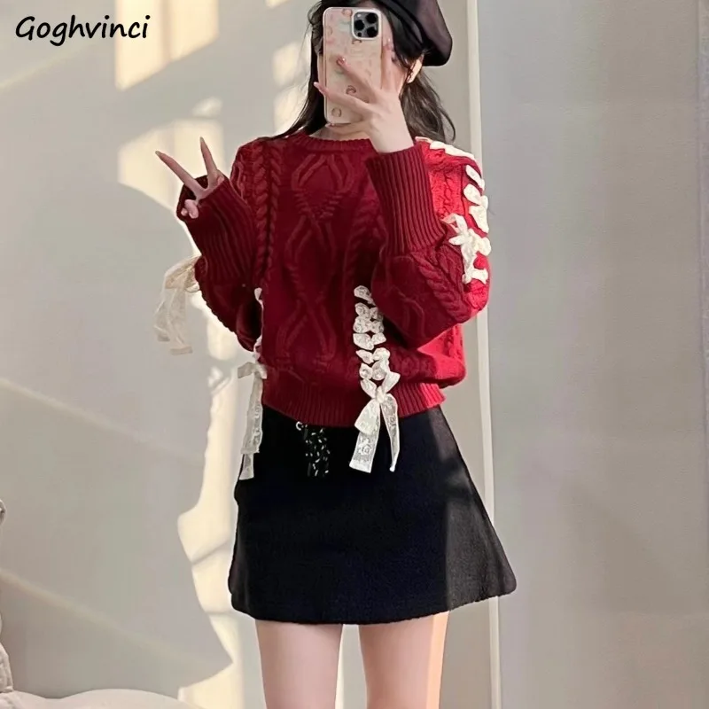 Pullovers Women Lace-up Design Chic Popular Solid All-match Jacquard Delicate Fashion Harajuku Aesthetic Casual Loose Fit Mujer