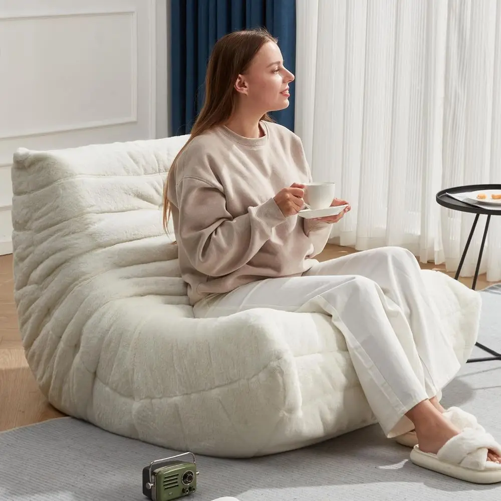 كرسي بين باج من إسفنج الذاكرة العملاق - أريكة من القطيفة من الفرو الصناعي للبالغين، غرفة المعيشة، غرفة النوم، المكتب (أبيض، فردي) #3