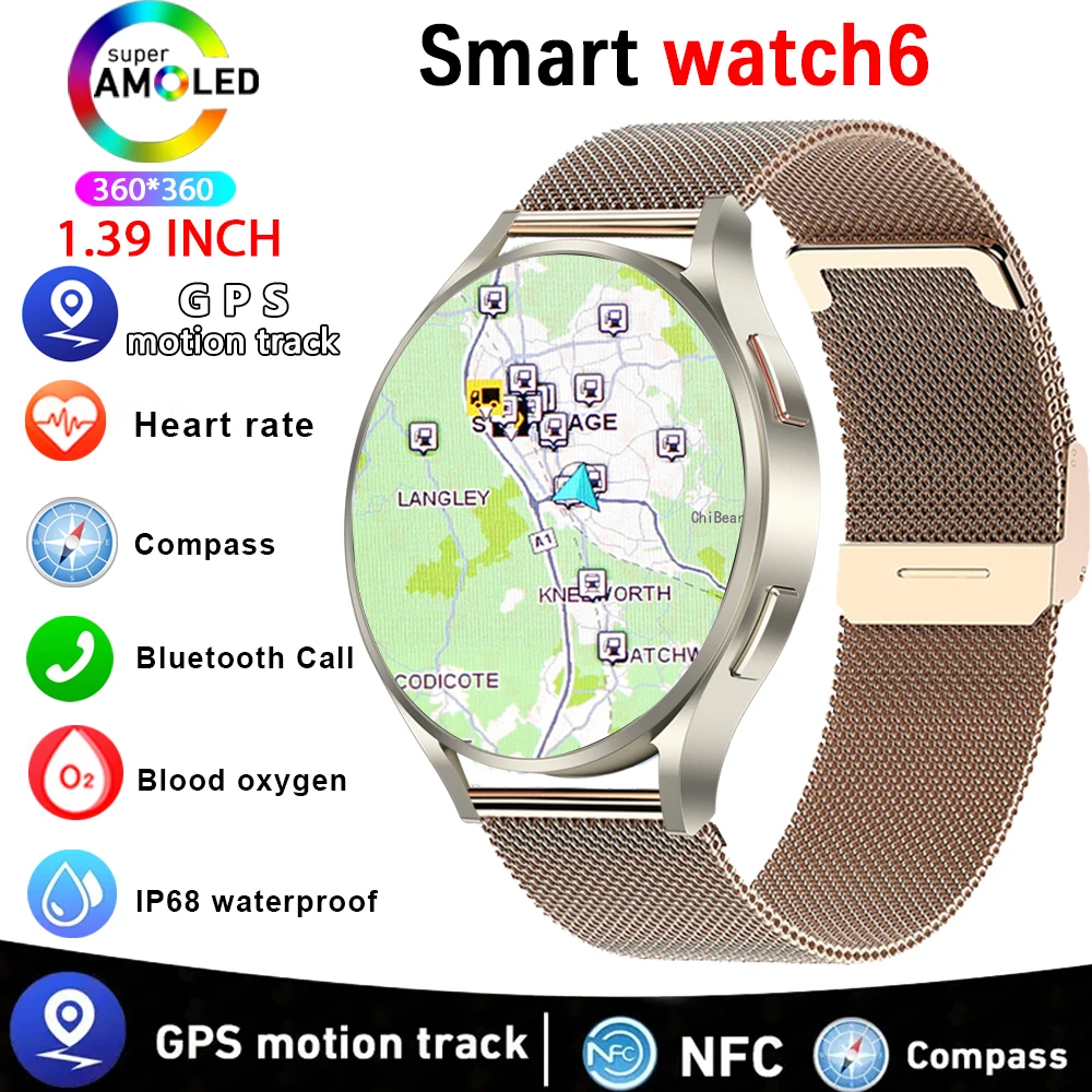 2024 New GPS Track Compass Watch 6 Smart Watch Men Amoled Always Display Body Temperature Clock BT Talk  Smartwatch Men Women