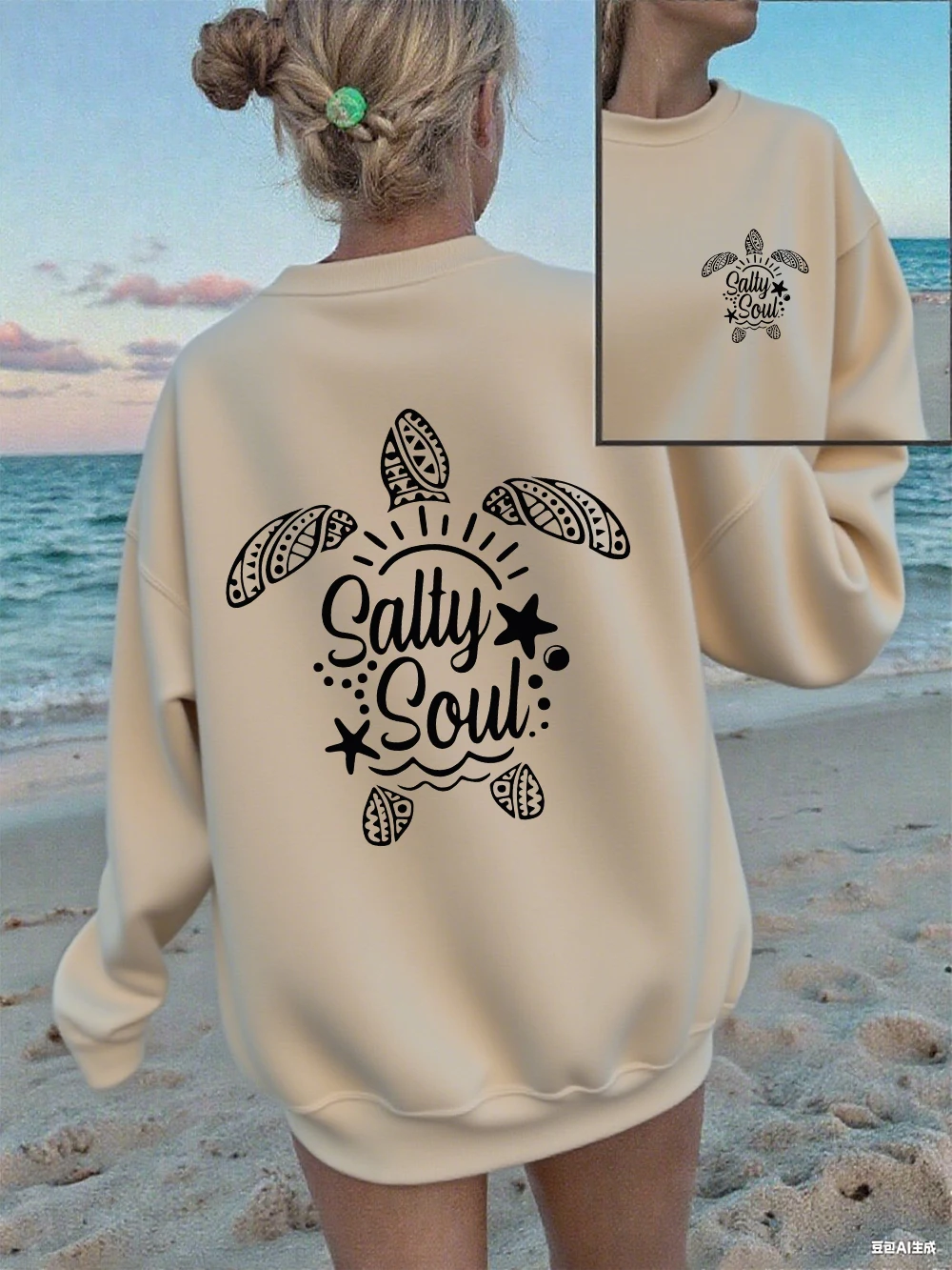 Salty Soul Turtle Printing Sweatshirt Womens Crewneck Basics Hoodie Loose Fleece Warm Tops Autumn Comfortable Woman Clothes