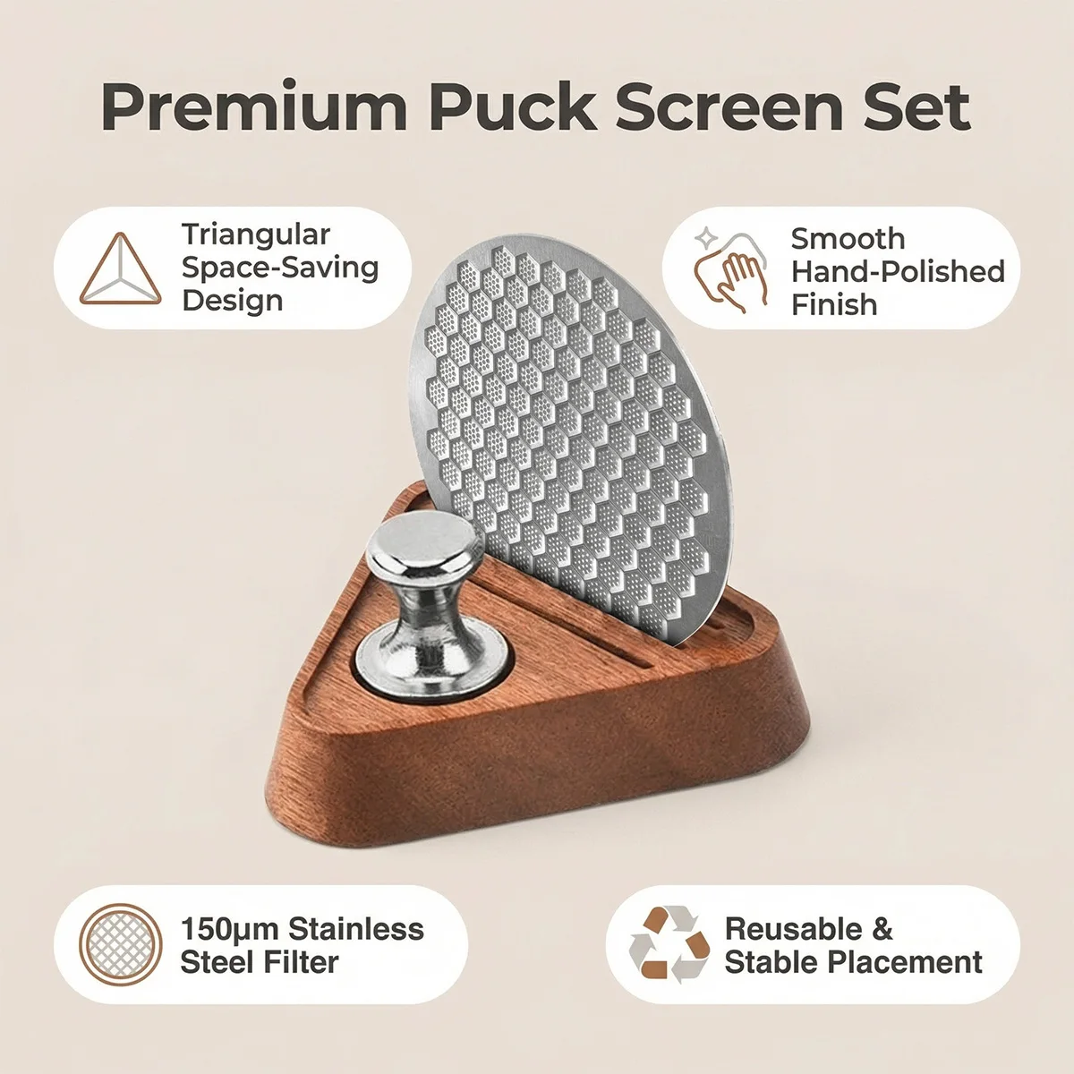 Stainless Steel Espresso Puck Screen with Magnetic, Wooden Base, Reusable Filter, Fits Barista Express/Pro/Bambino