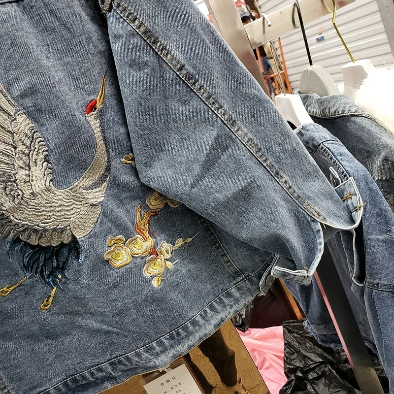 가을 패션 자수 크레인 데님 자켓 코트 여성 느슨한 학생 겉옷 블랙 블루 청바지 자켓 여성 Chaquetas Mujer
