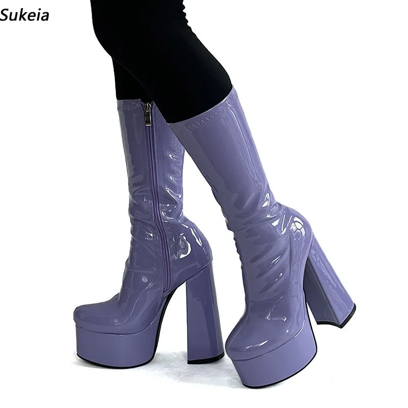 

Sukeia Handmade Women Spring Mid Calf Boots Round Toe Side Zipper Chunky Heels Violet Prom Shoes Ladies US Size 5-15