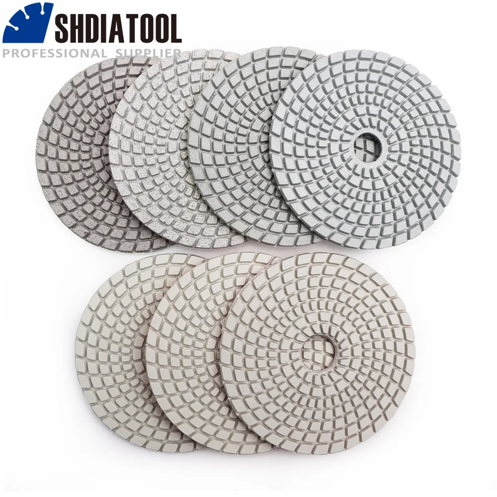 SHDIATOOL 7pcs #50-3000 Diamond Flexible Wet Polishing Pads Set 100mm Sanding Discs White Bond Abrasive Plate Granite Marble