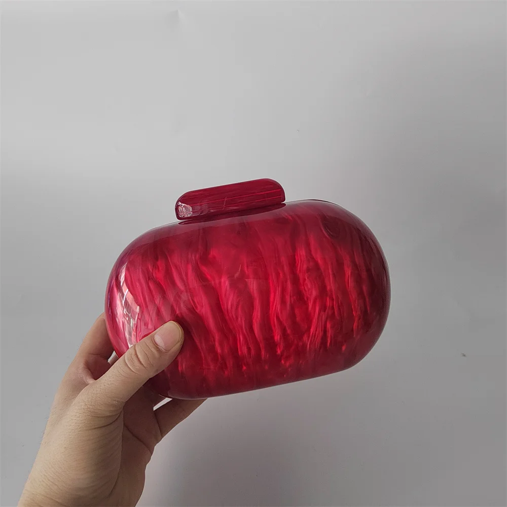 New Oval Shinny Pearl Red Marble Acrylic Box Clutches Evening Purses Women Trending Luxury Wedding Handbags Bolsa Feminine Bag