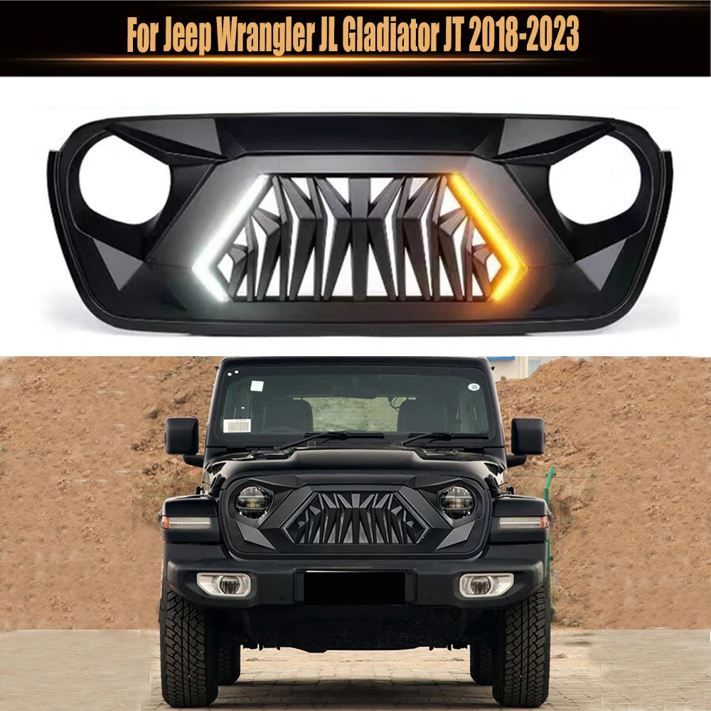 

Armor Style Grills For Jeep Wrangler JL Gladiator JT 2018-2023 Accessories Front Bumper Grille Upgrade Upper Grid With DRL Light