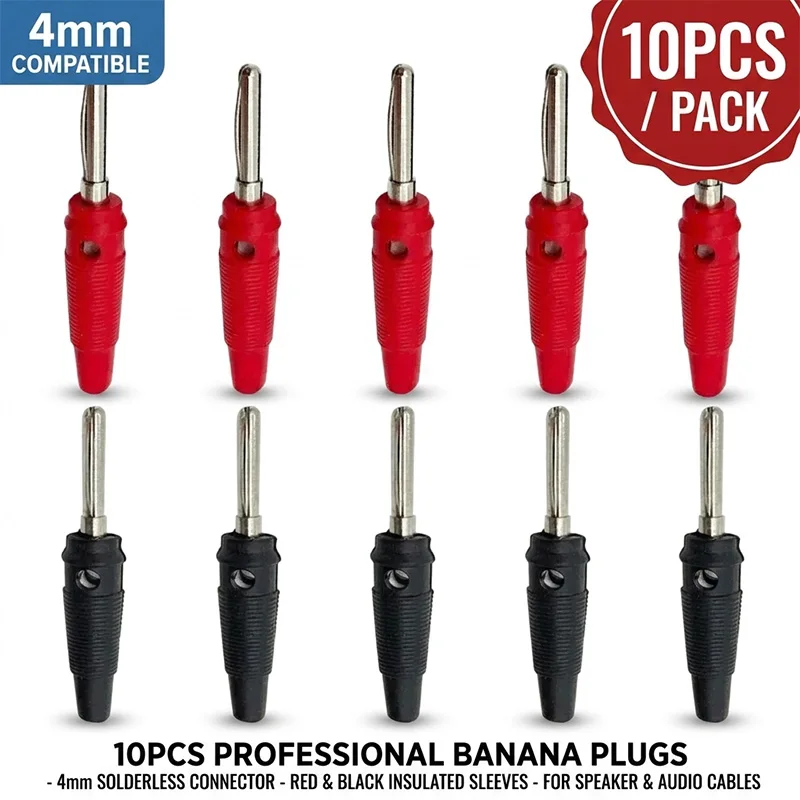 

10pcs 4mm Banana Plugs Connector Male Plug Audio Speaker Cable Connector Red & Black Banana Connector Set for DIY Electronics