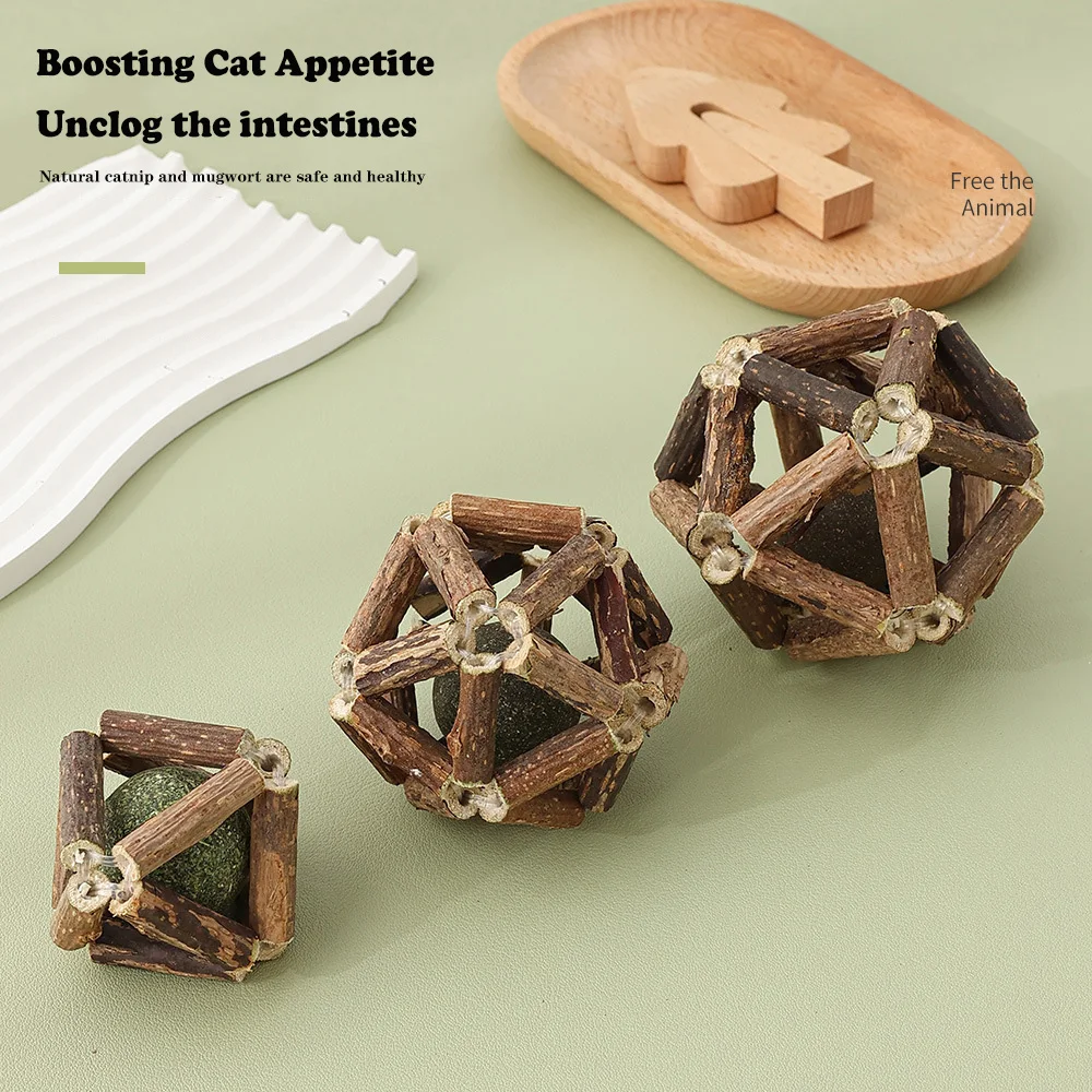 

Natural Wooden Cat Toy Balls Interactive Toy for Kitten Matatabi Polygonum Cleaning Teeth Healthy Catnip Balls Pet Supplies