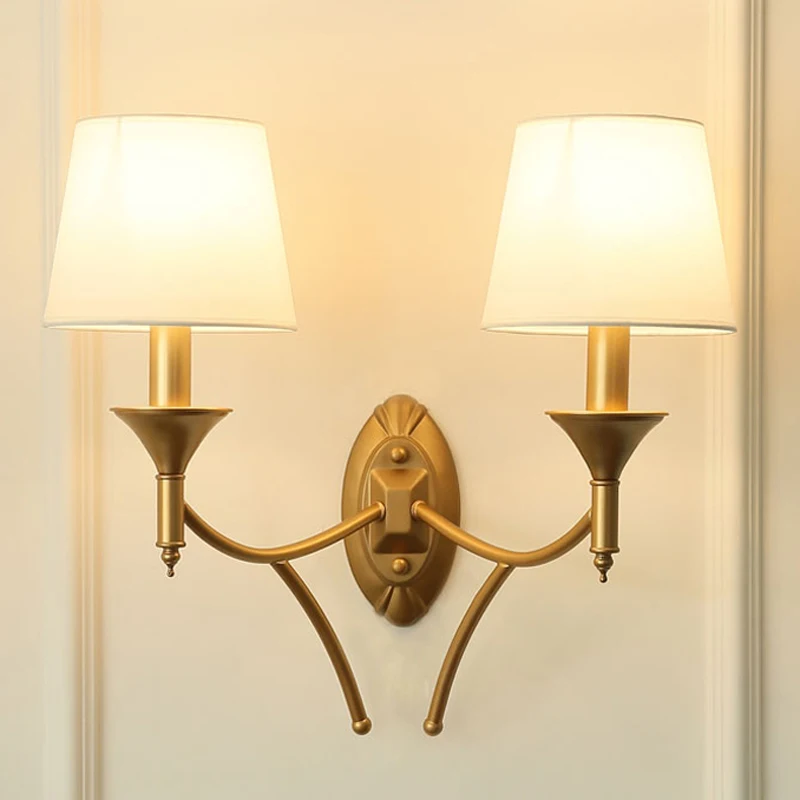 American Double Headed Wall Lamp For Study Bedroom Bedside Lamps European Living Room Balcony Corridor Iron Decor E14 FabricLamp