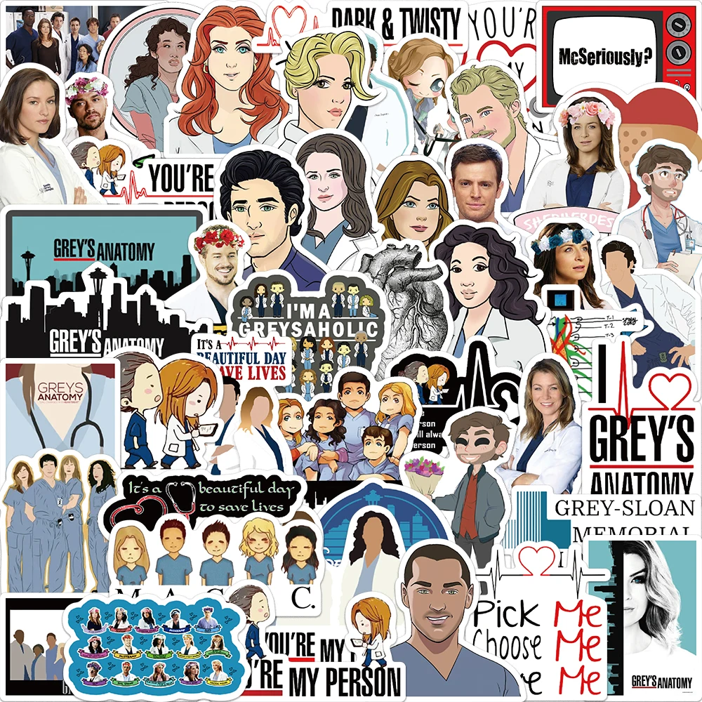 Clássico TV Show Greys Anatomia Adesivos, PVC Engraçado, Scrapbook para Bagagem, Laptop, Decalques Telefone, Álbum DIY, Cute Doctors, 50pcs