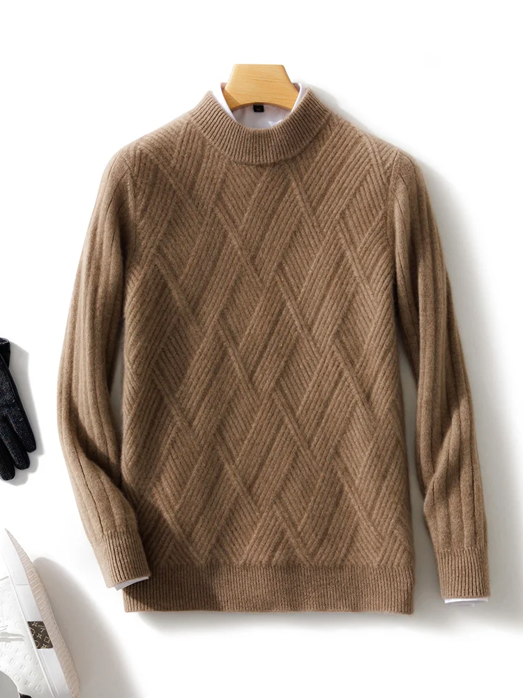 Autumn Winter Men\'s Thick Wool Sweater Mock Neck Long Sleeve Pullover 100% Merino Wool Knitwear Basic Soft Warm Jumpers Tops