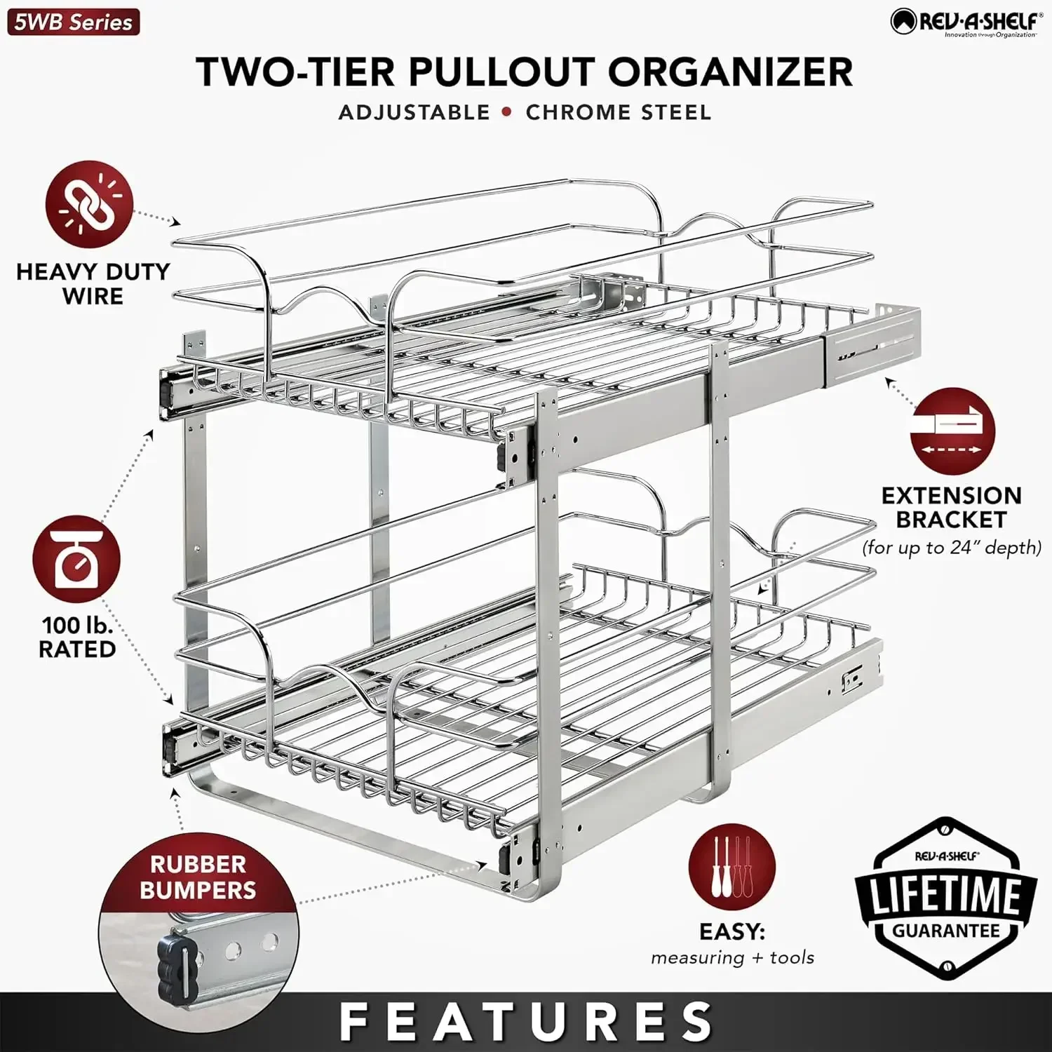 2-Tier Kitchen Cabinet Pullout Shelf and Drawer Organizer Slide Out Pantry Storage Basket in Multiple Sizes, 15 x 22 In, 5WB2-15