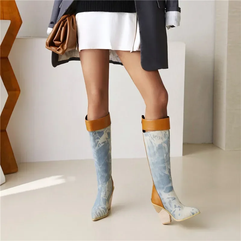 Knee High Boots Women Cowboy Wedge Heels Flower Black Brown Blue Denim Club Party Western Pointed Toe Cowgirl Zipper Long Boots