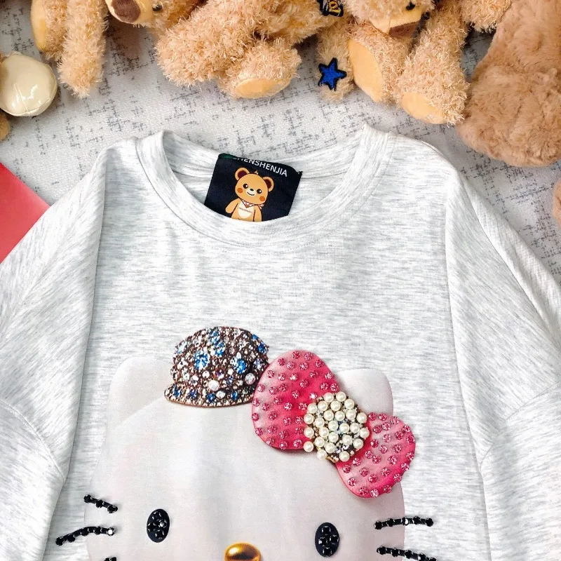 Korean Style Age-reducing Fashion Heavy Industry Bead Cartoon Printing Hoodies Loose And Thin New Long-sleeved Sweatshirts Women